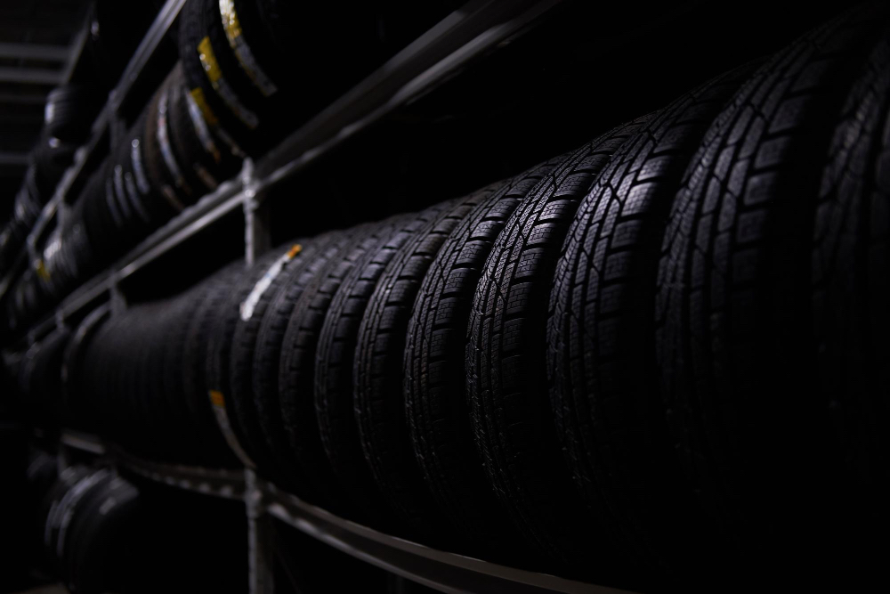 Tyres in a rack